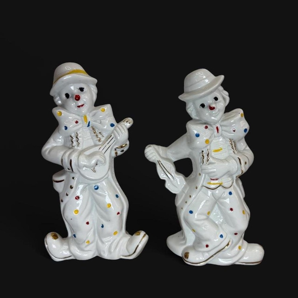 Vintage White Porcelain Clown Figurines Pair - Gold Trim & Colorful Polka Dot